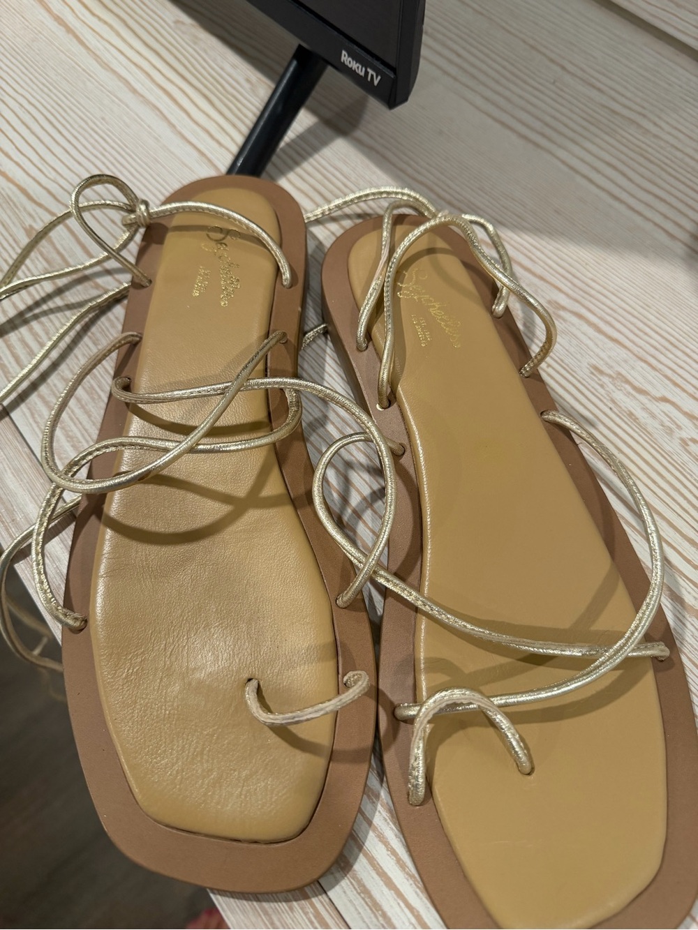 Seychelles Gold Lace-Up Square-Toe Sandals with Tan Footbed